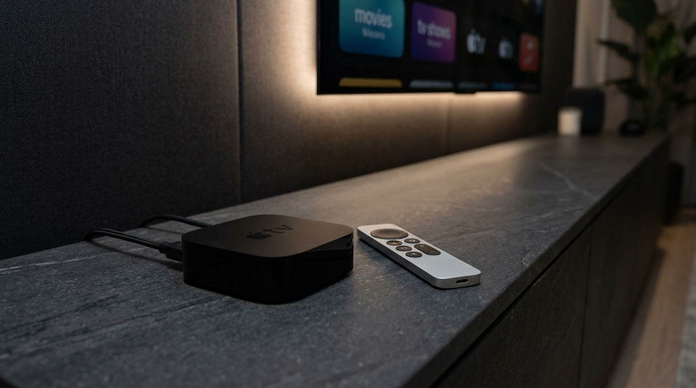 The new 2026 Apple TV 4K streaming box with aluminum Siri Remote on modern media console